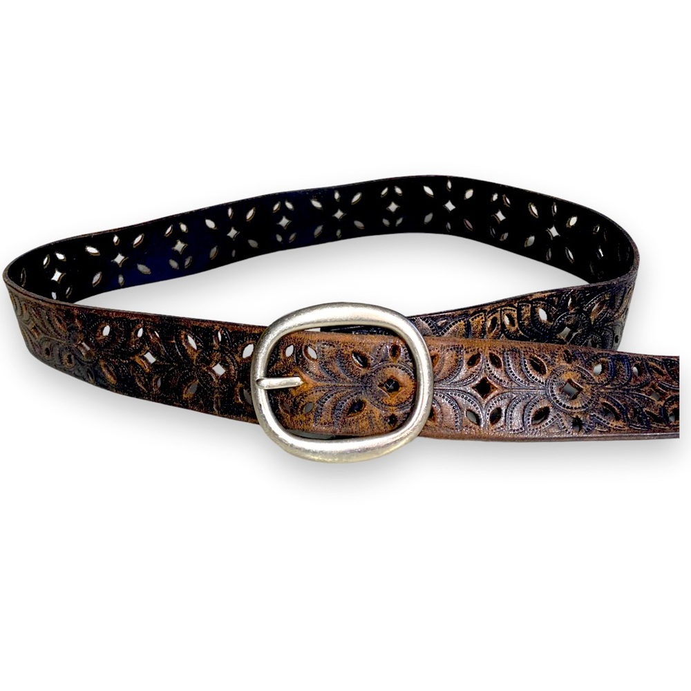 Fossil tooled leather belt floral brown silvertone buckle large wide small